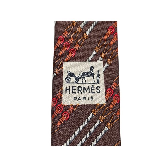 Vintage Hermes Paris Chain Belt Equestrian Silk Neck Tie Necktie Brown 55" - Picture 8 of 12